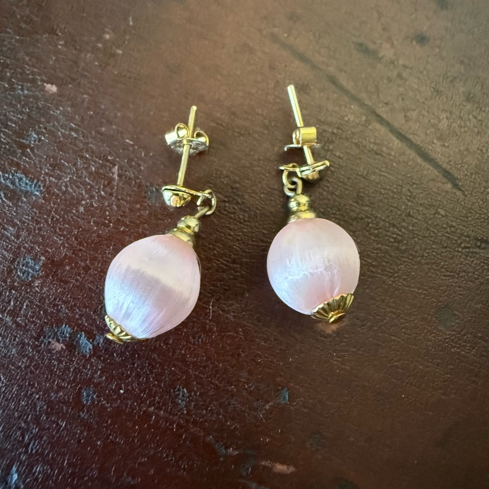 Vintage Elegant Pink Silk and Gold Drop Earrings
